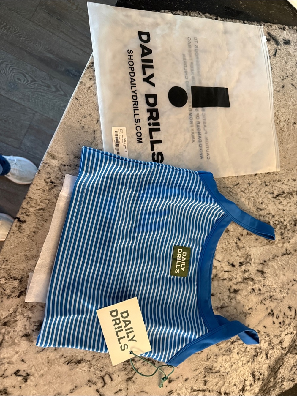 Daily Drills Blue & White Striped Tank with Green Logo Patch